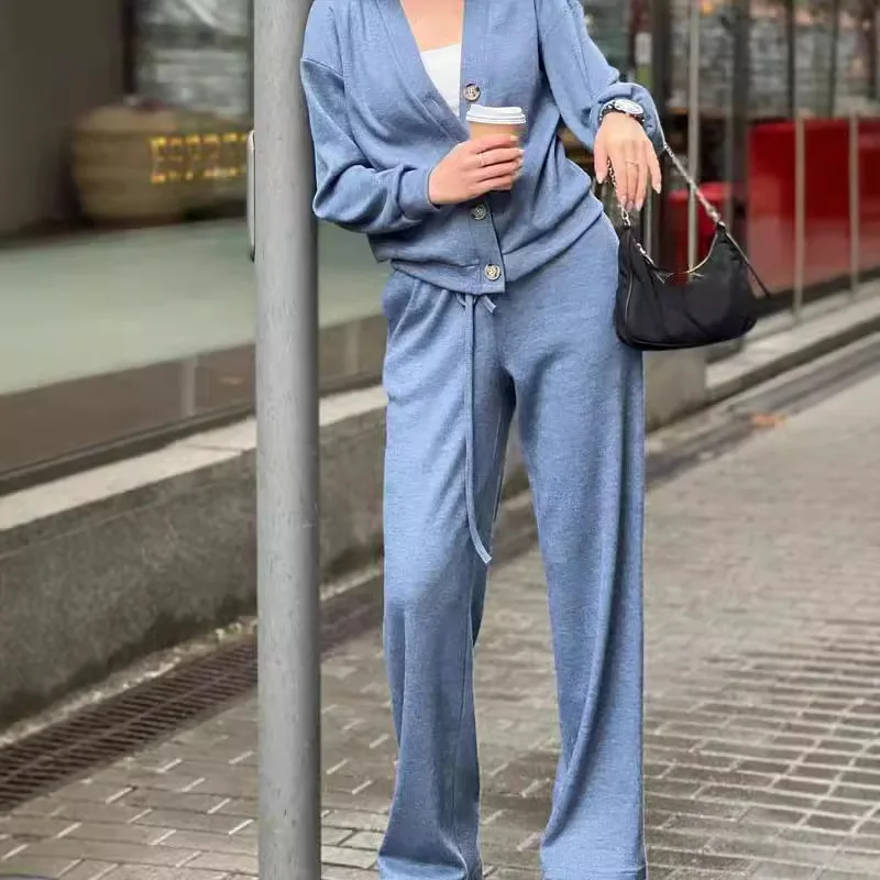 Spring Solid Sports Comforty Casual Two Piece Set Women V Neck Button Top Jacket & Sweatpant Outft Fall Long Sleeve Lace-up Suit