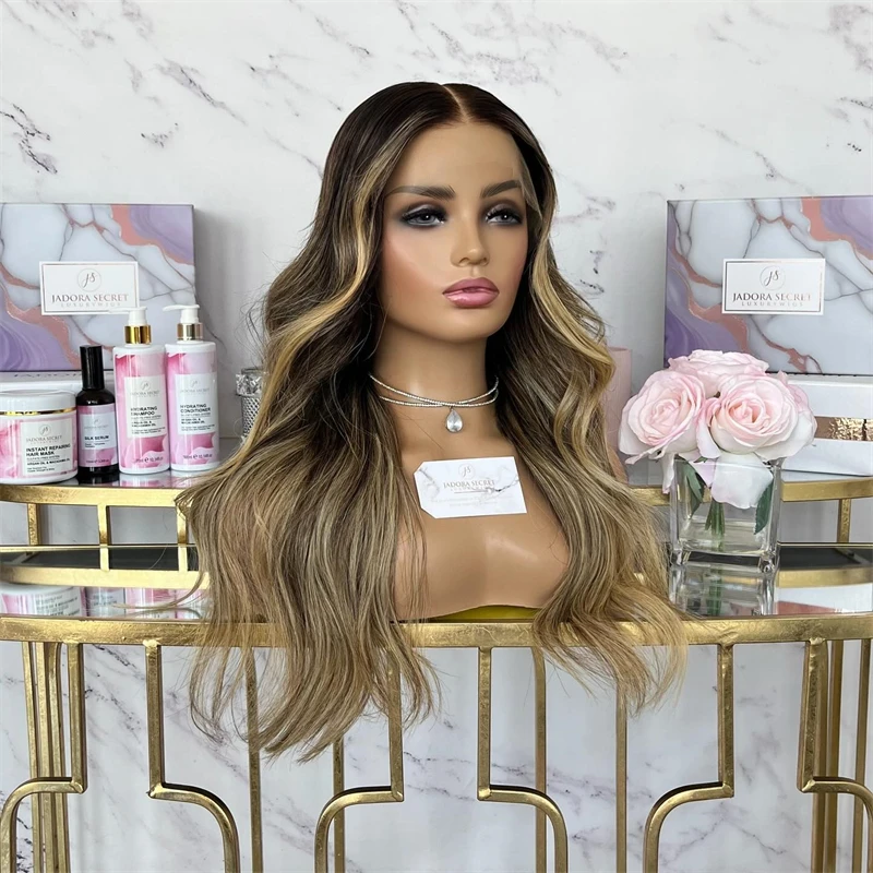 28 cali Peruka Ombre Brown Blonde Colorde With Dark Roots Lace Wig Glueless Natural Preplucked Hairline with Baby Hair Body Wave