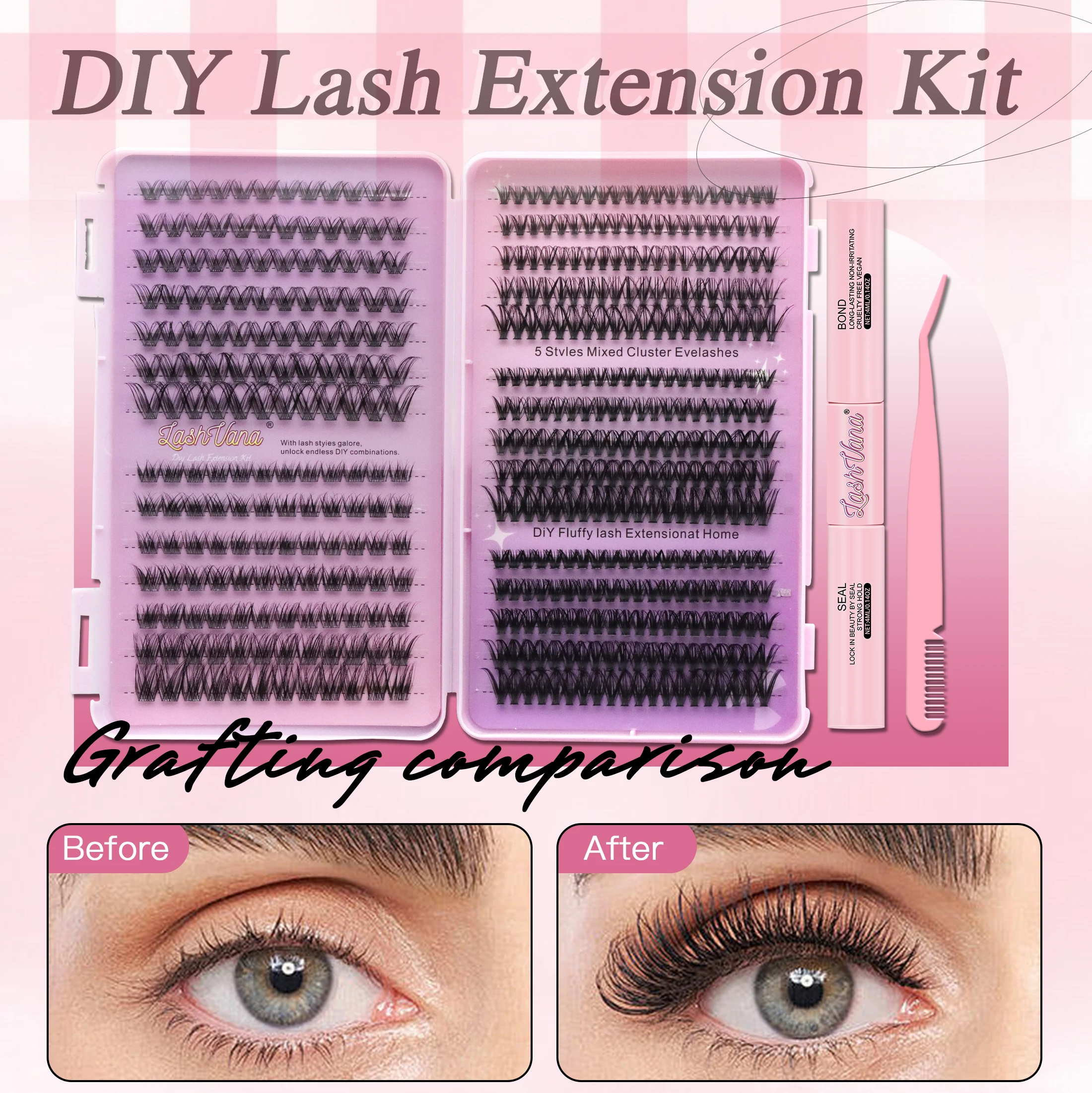 Zestaw do samodzielnego montażu 560 kępek sztucznych rzęs, duża pojemność, książka z rzęsami w kępkach z klejem, płyn do usuwania kleju, pęseta, naturalny wygląd do użytku.
