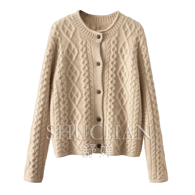 

Warm Heart and Solid Wearing Method Retro Twisted Flower Heavy 100 Cashmere Crew Neck Sweater Cardigan Women