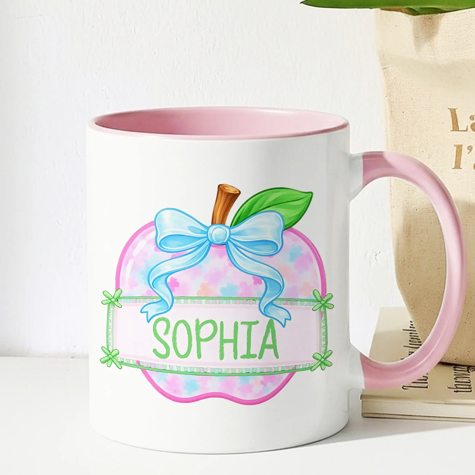 Personalized Tie Dye Apple Blue Bow Sophia Name Ceramic Coffee Mug 11oz Back To School Teacher Gift Reusable Cup for Name Lover