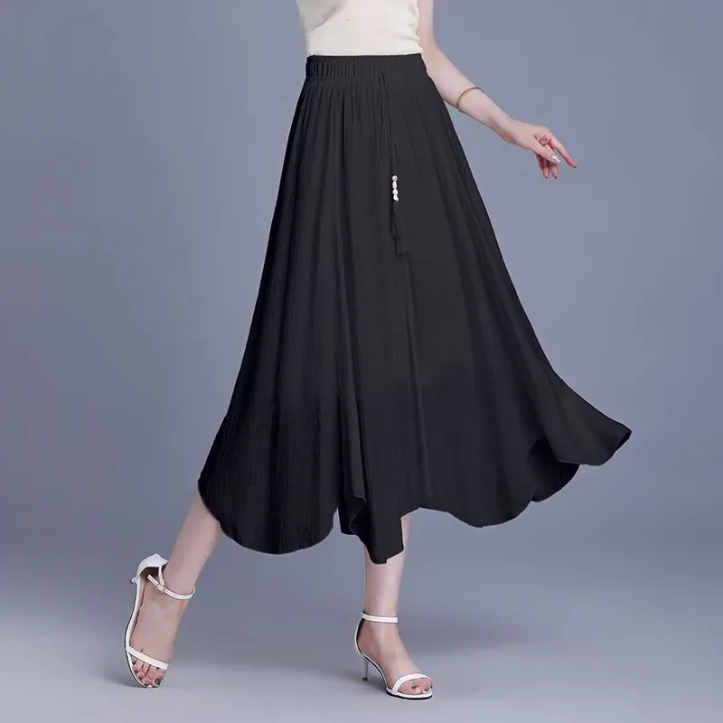 여성용 블랙 하이웨이스트 플레어 맥시 스커트 루즈 A라인 롱 스커트 캐주얼 데일리 엘레강스 바텀스
