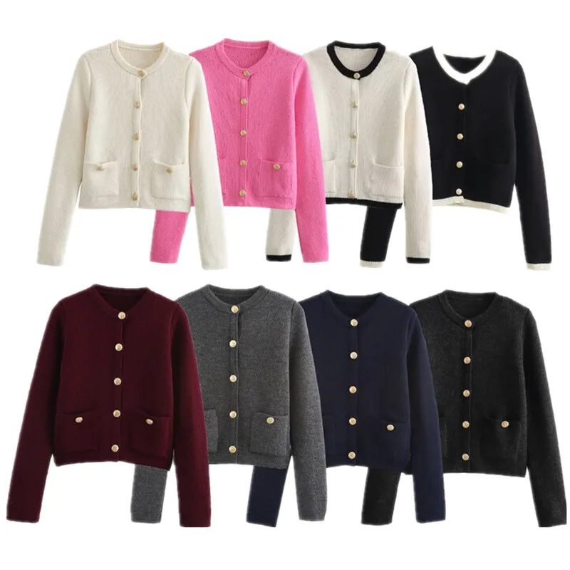 كارديجان نسائي جديد لفصلي الخريف والشتاء بأكمام طويلة محبوكة وياقة مستديرة مزين بأزرار ذهبية بطول عادي #5