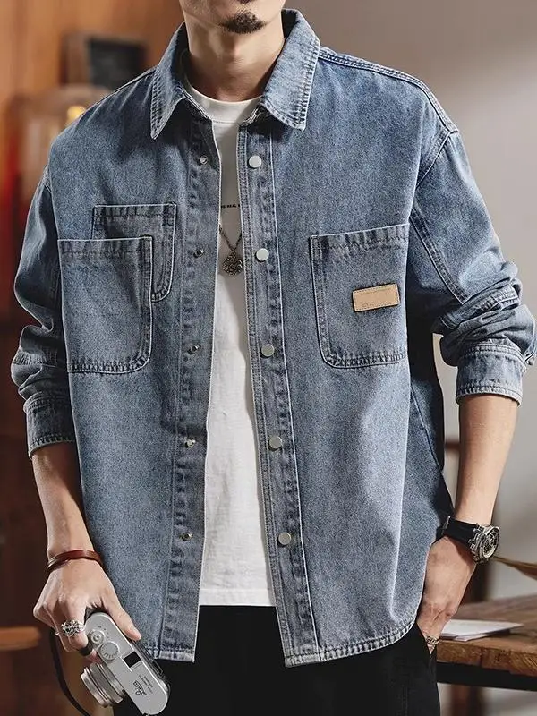 Classic American Denim Shirt Men's Long Sleeve Loose Casual Workwear Jacket Outerwear Four Seasons Universal Comfortable Fit