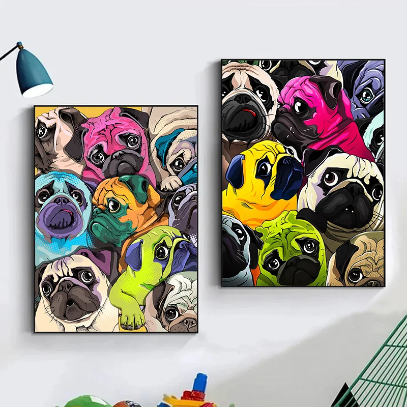 Funny Cute Crowded Pugs Dog Poster Canvas Painting Colorful Animal Wall Art Print For Kid Living Room Home Decor Cuadros Gift