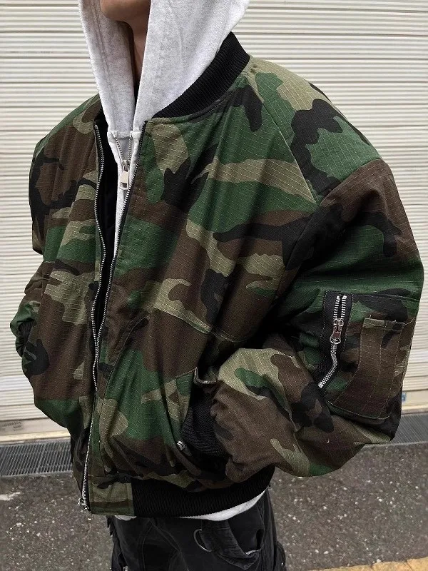

American Style Double-Sided Wear Thickened Cotton Jacket Men's Fashionable Camouflage Air Force Hip Hop High Street Cotton Coat