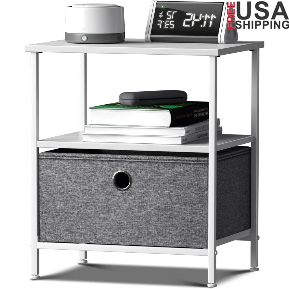 Compact White Nightstand with 1 Drawer 2 Shelves Portable Accent Table Bedroom Living Room Small Spaces Storage Solution