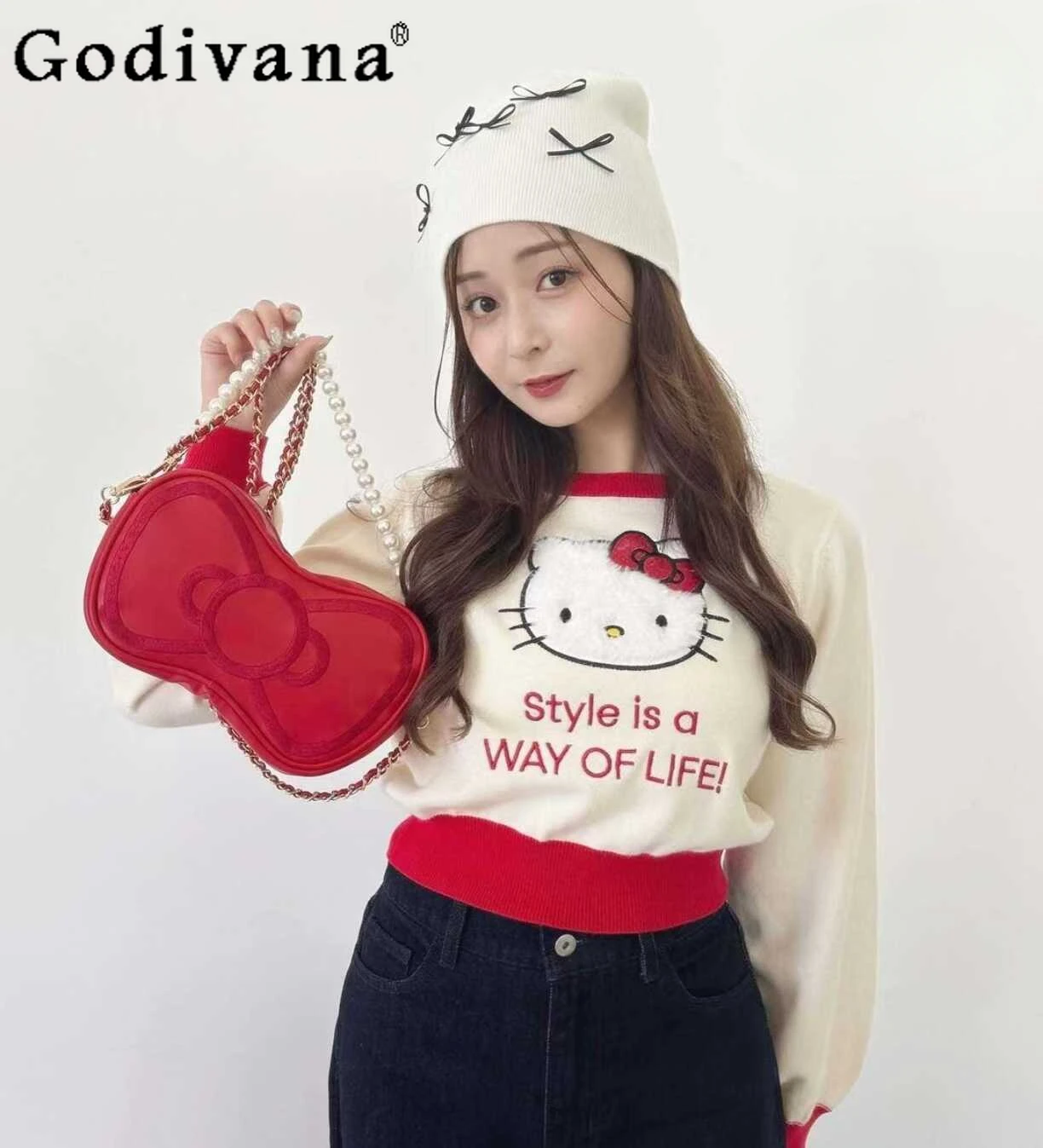 Japanese Daily Kitty Kawaii Sweaters for Women Spring and Autumn Loose Short Knitwear Pullovers Ladies Basics Casual Sweater Top