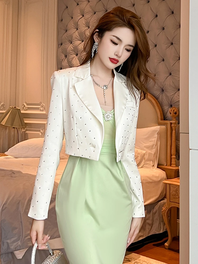 2023 Fashion Luxury Women\'s Clothing Glitter Bright Diamonds Lapel Long Sleeve Suit Tops Short Jacket Office Party Coat Female