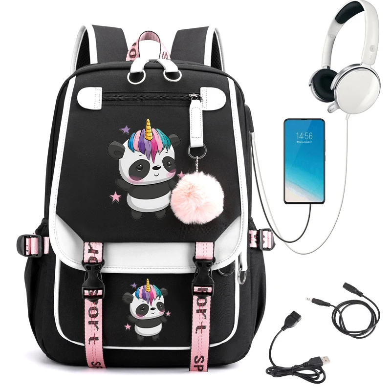 Cartoon Panda School Bag para crianças Mochila de menina Mochila de criança adolescente Bagpack de carregamento USB Bookbag primário