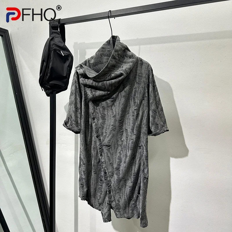 PFHQ Men's Summer Niche Darkwear Shirts Irregular Design Stand Collar Loose Short Sleeve Worn Out Personality Tops Male 21Z4931