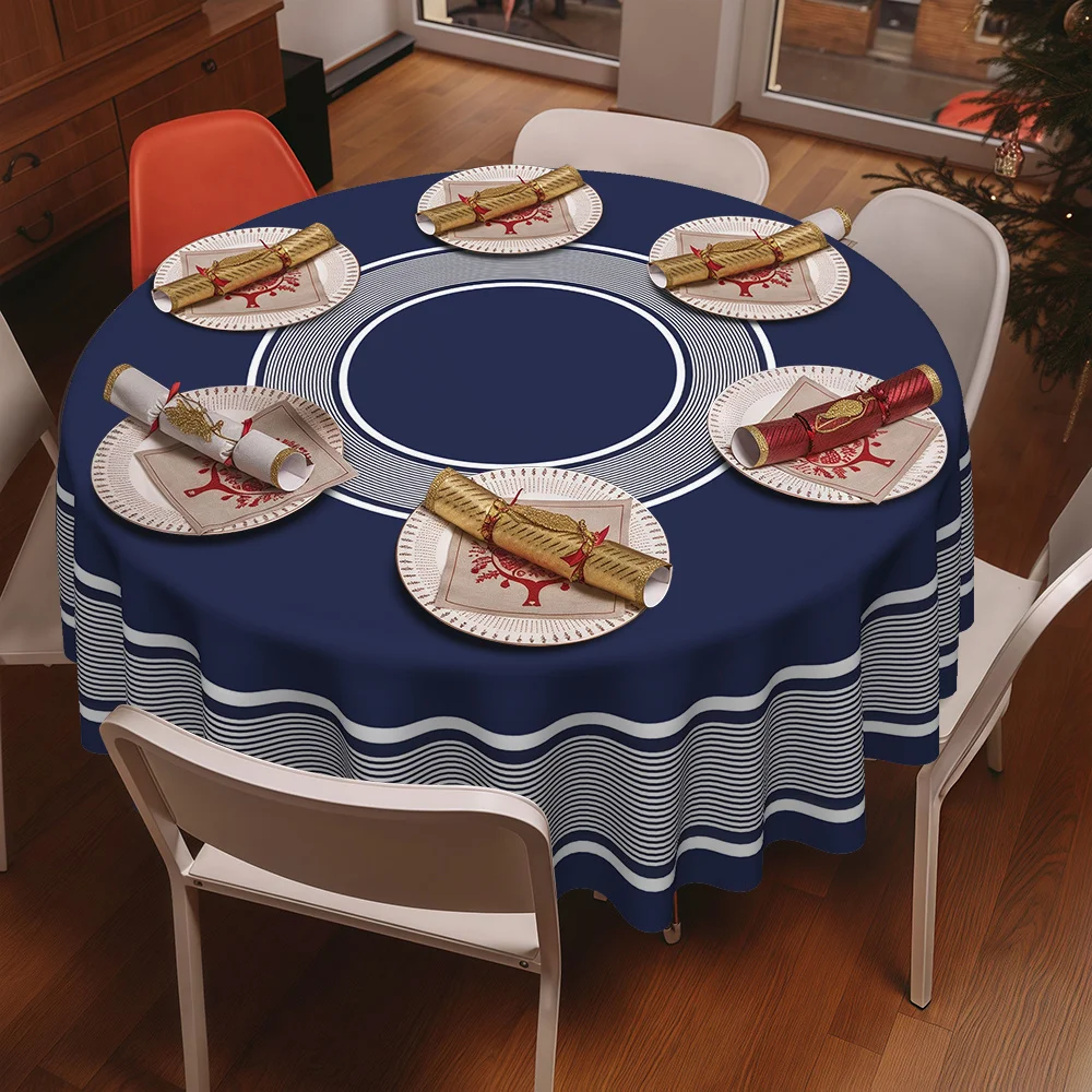 JIT, 1-piece blue and white contrast-colored striped printed circular tablecloth for kitchen and dining room.zyc