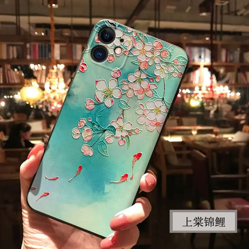 flowers small koi carp black matte soft case For iphone 14 Pro Max 13 12 11 Pro Max embossed phone case cover