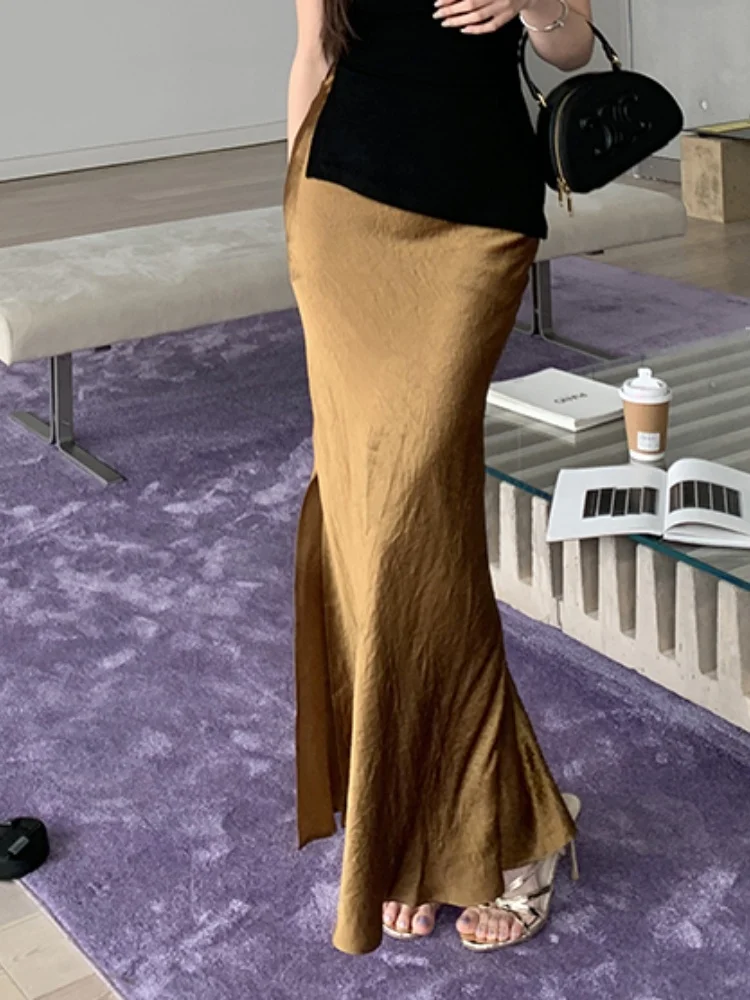 SMTHMA 용수철 여성 하이웨이스트 슬리밍 스플릿 롱 스커트, 식초 새틴 솔리드 스커트, 캐주얼, 여름 신상