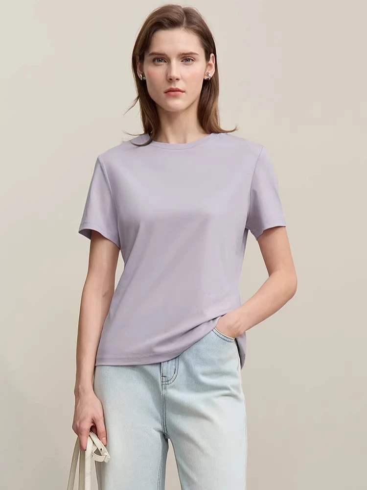 

Женская футболка Amii из 100% хлопка, летняя новинка 2026, повседневная базовая трикотажная футболка с круглым вырезом, облегающая, однотонная, универсальная женская одежда 12622010