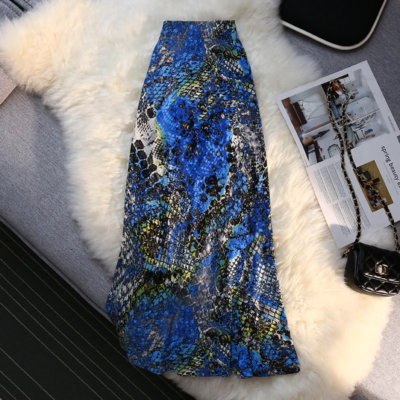 OCEANLOVE Mermaid Skirts for Women Print Vintage Spring Summer Blue Faldas Mujer Korean Fashion Elegant Thin Women Skirt