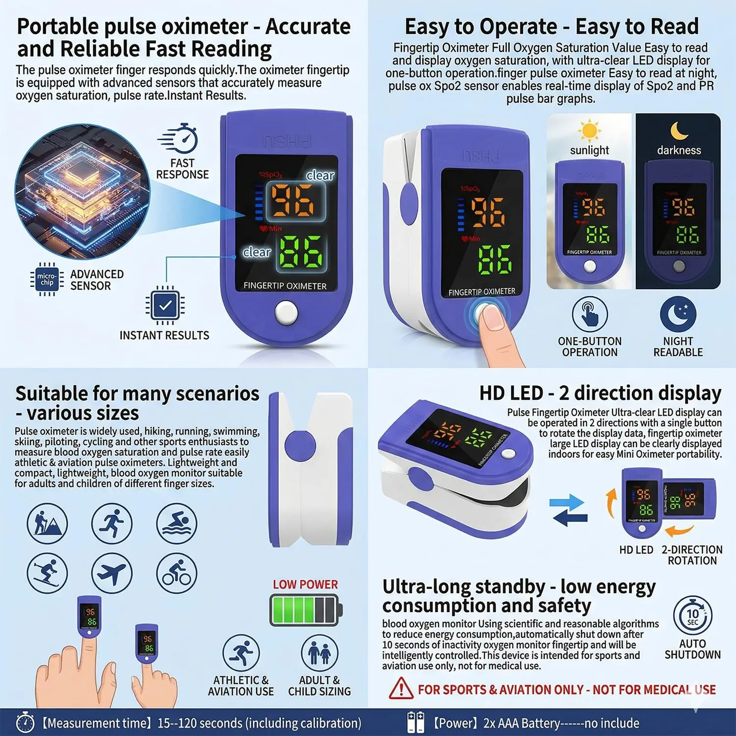 LED Fingertip Oximeter Heart Rate SpO2 PR Monitor Finger Clip Blood Oxygen Saturation Pulse Monitoring Energy Saving Pulsometer