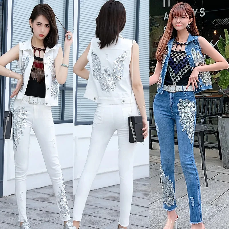 Streetwear Denim Suit Female2022 Spring Summer New White Jeans Elastic Sequined Flower Vest Waistcoat+Trousers Tide High Quality