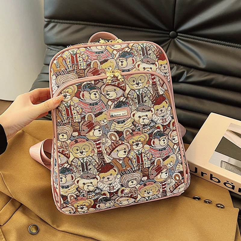 

female College student backpack Woman's backpack bear Jacquard Girl school Bag Large capacity learner HI-Q laptop backpack bag