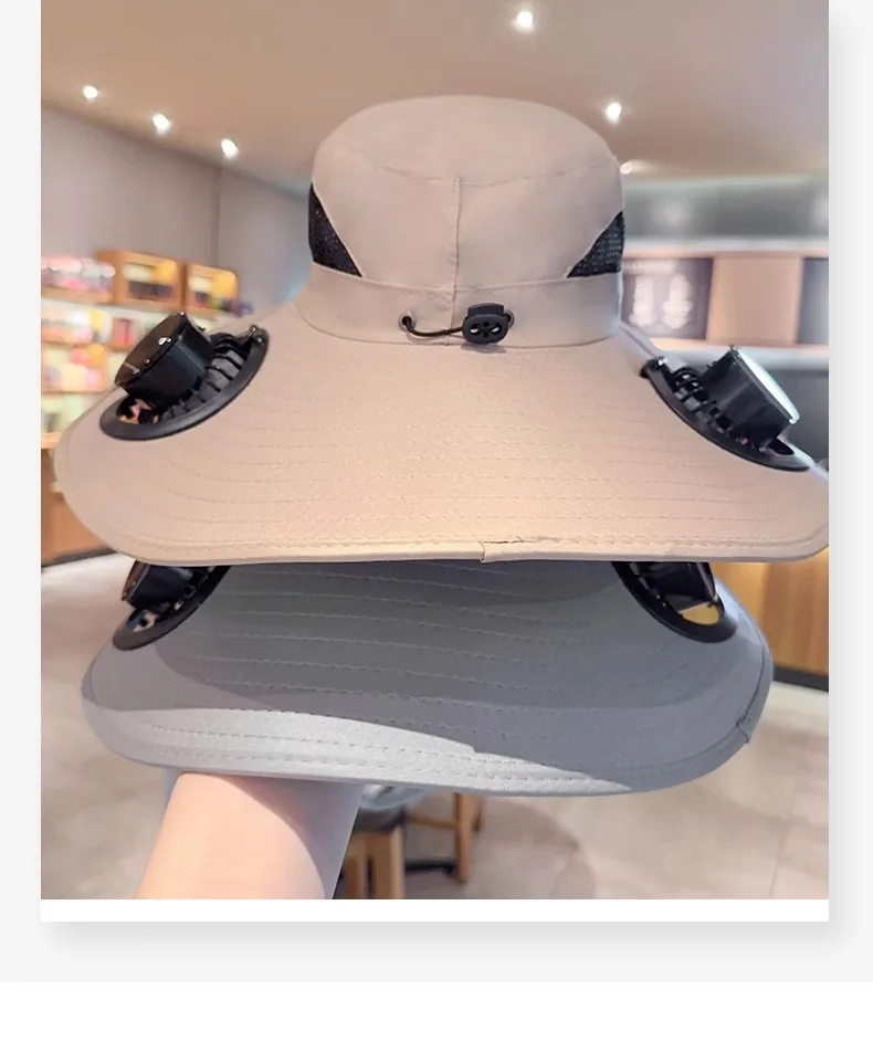 2025 جديد واسعة حافة الشمسية مروحة قبعة في الهواء الطلق قبعة الشمس مع 2 مروحة للطاقة الشمسية قبعة الصيد القابلة للإزالة و USB شحن مروحة دلو قبعة للشاطئ #3