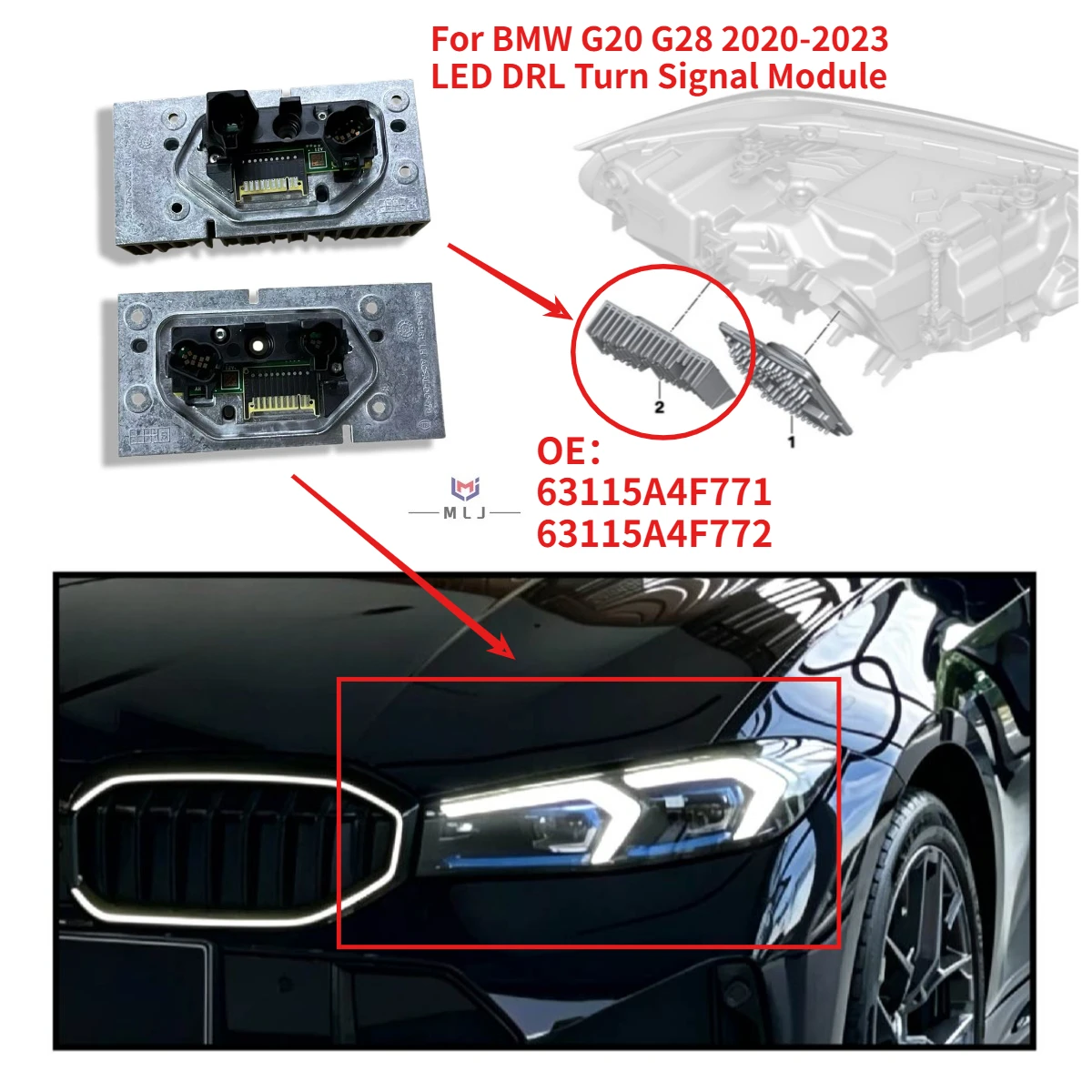 63115A4F771 63115A4F772 Модуль светодиодных ДХО и указателей поворота для BMW G20 G28 LCI 2020-2023, модуль источника света Angel Eye DRL, автомобильные аксессуары
