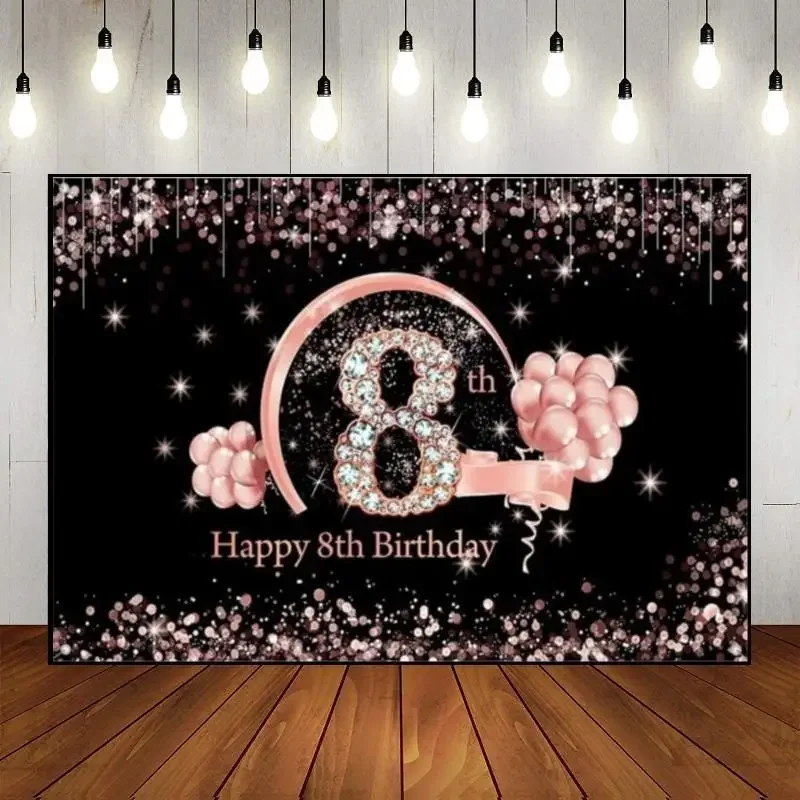 

Happy 8th Birthday Photo Background Golden Girl Invitation Banner Baby Room Decoration Princess Balloon Schoolring Children Game