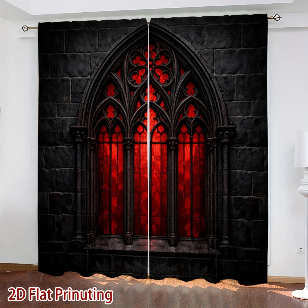 Gothic Church Window Curtain Panels,Dark Stone Wall Red Stained Glass Medieval Arch Window Print Drapes for Gothic‑Style Bedroom