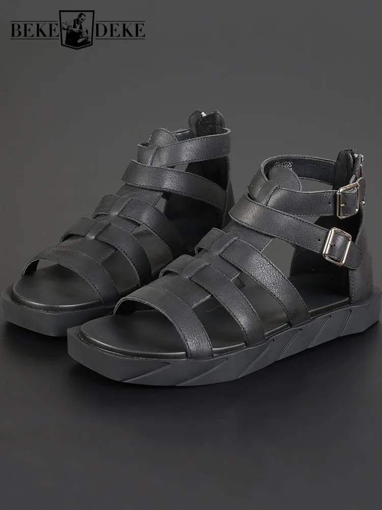 Mens Summer New High Top Glaidator Shoes Open Toe Breathable Cowhide Genuine Leather Sandals Thick Platform Vintage Beach Shoes