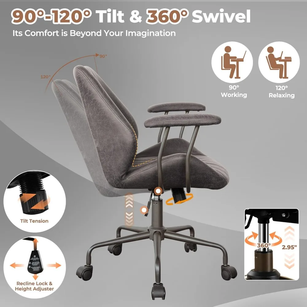 

Ergonomic Home Office Chair,Mid-Century Modern Faux Leather Chairs with Padded Armrests, Comfy Mid Back Swivel Rolling Executive