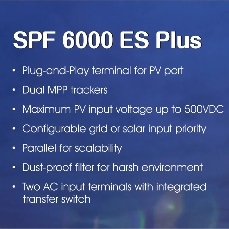 Hybrid Inverter Single Phase 6kw Pure Sine Wave Output SPF6000ESPlus Integrated MPPT Solar Controller