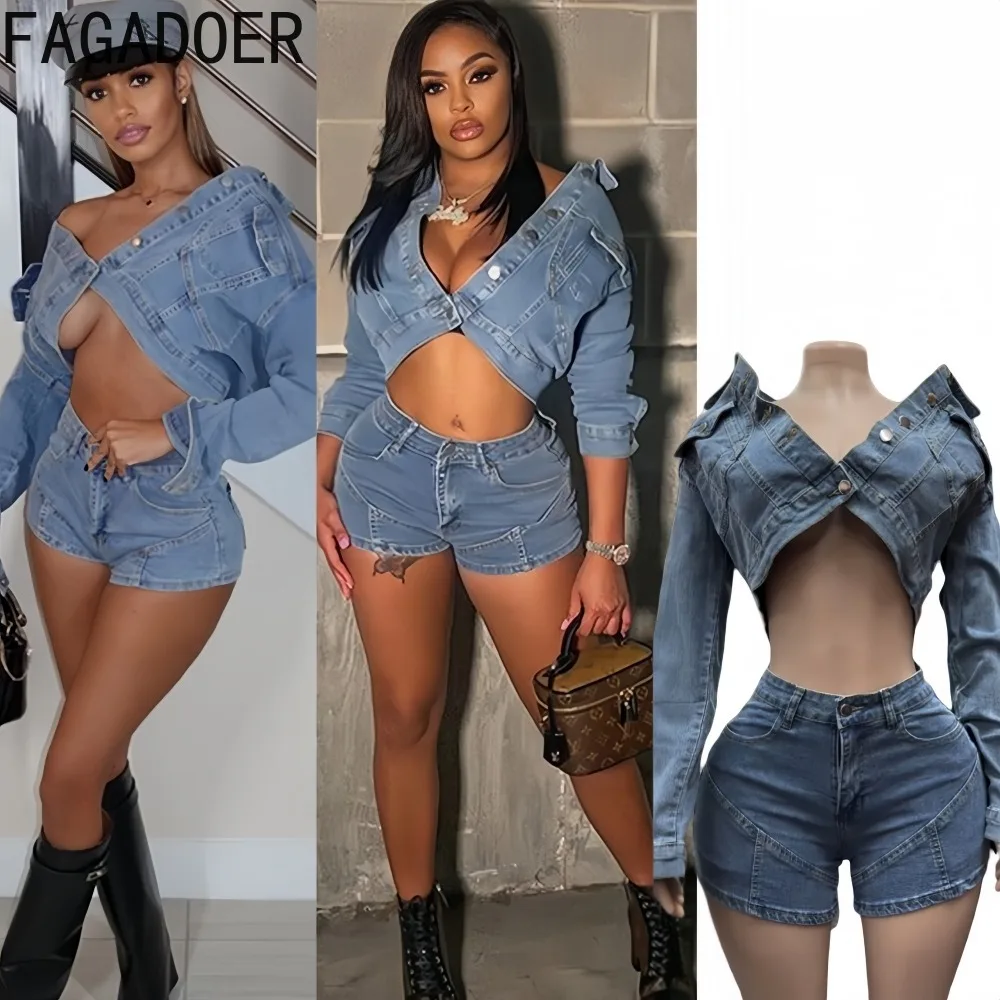

FAGADOER Autumn Fashion Denim 2 Pieces Set for Woman Outfits Zipper Long Sleeves Crop Jacket + Shorts Matching Female Streetwear