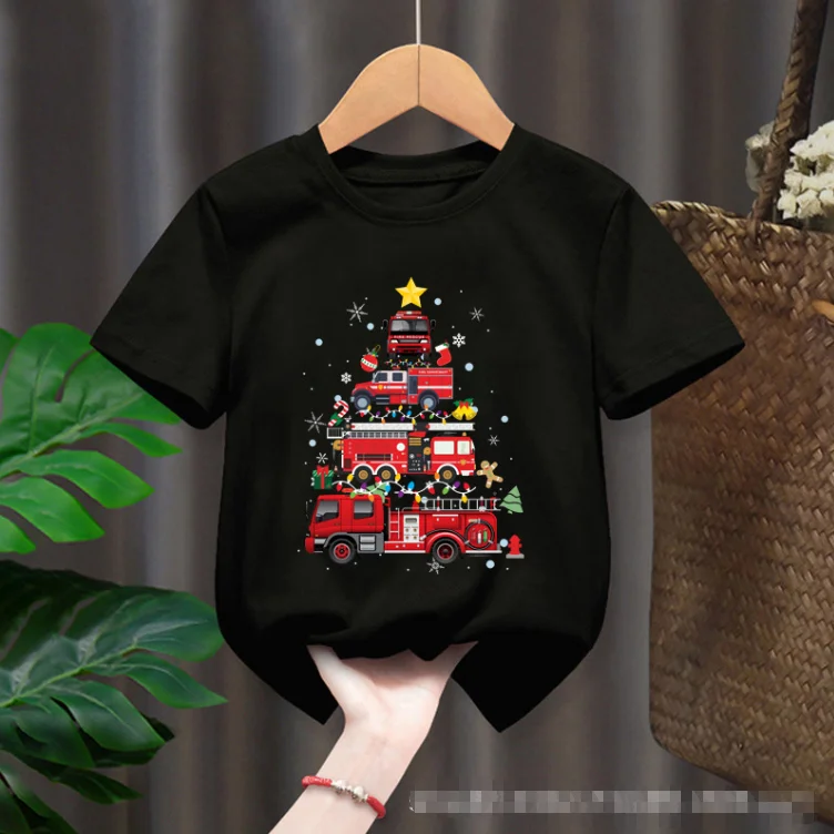 Summer Christmas Kids T-shirt Funny Excavator Christmas truck print kids T-shirt short sleeve top