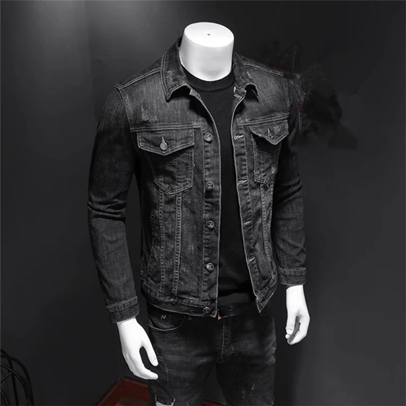 Mens Denim Jacket Moto Biker Outerwear Coats Men Jeans Jacket Black Casual Cotton Turn Down Collar Motorcycle Denim Coats Men