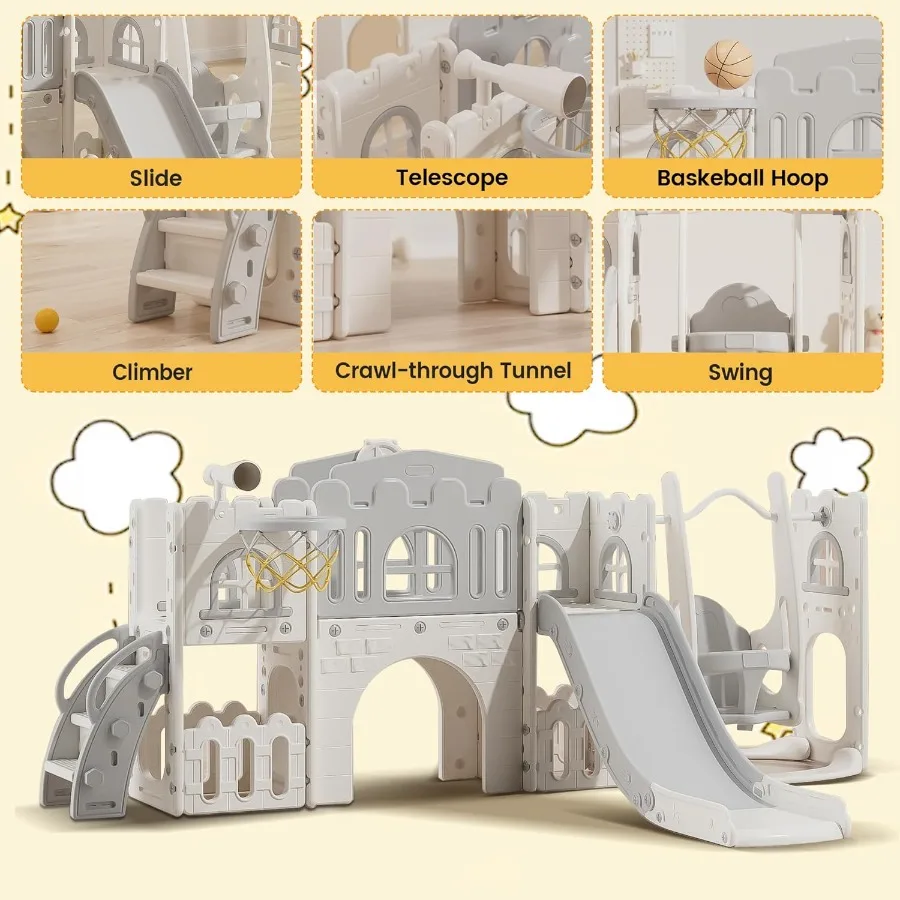10 in 1 Toddler Slide Age 13 with Swing Basketball Hoop and Telescope Indoor Outdoor Slide Playset Toddler Playground Grey