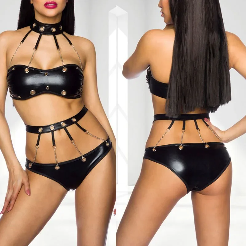 Sexy Faux Leather Lingerie Set Costume Uniform For Women Bra with Panties 2 Pcs Set Vinyl Leather Lingerie