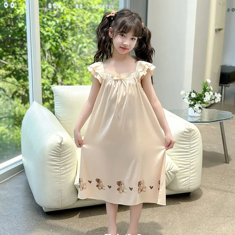 New Summer Korean Style Girls Sleeveless Nightgown Ice Silk Pajama Dress Outer Wear