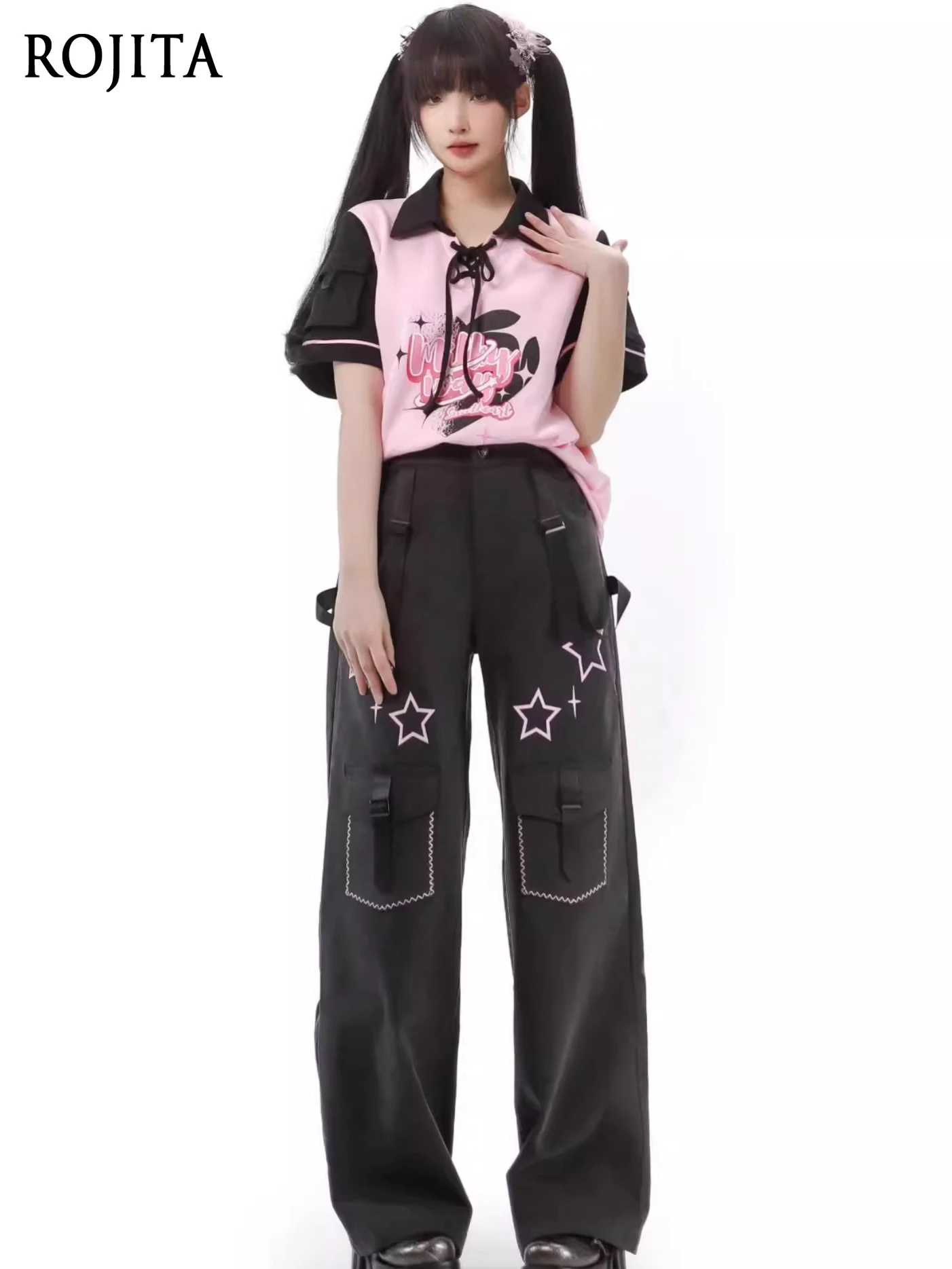 

Розовая футболка с коротким рукавом и воротником-поло, свободный топ в стиле Y2K, игривая милая джинсовая юбка А-силуэта, женские джинсовые комбинезоны в стиле субкультуры