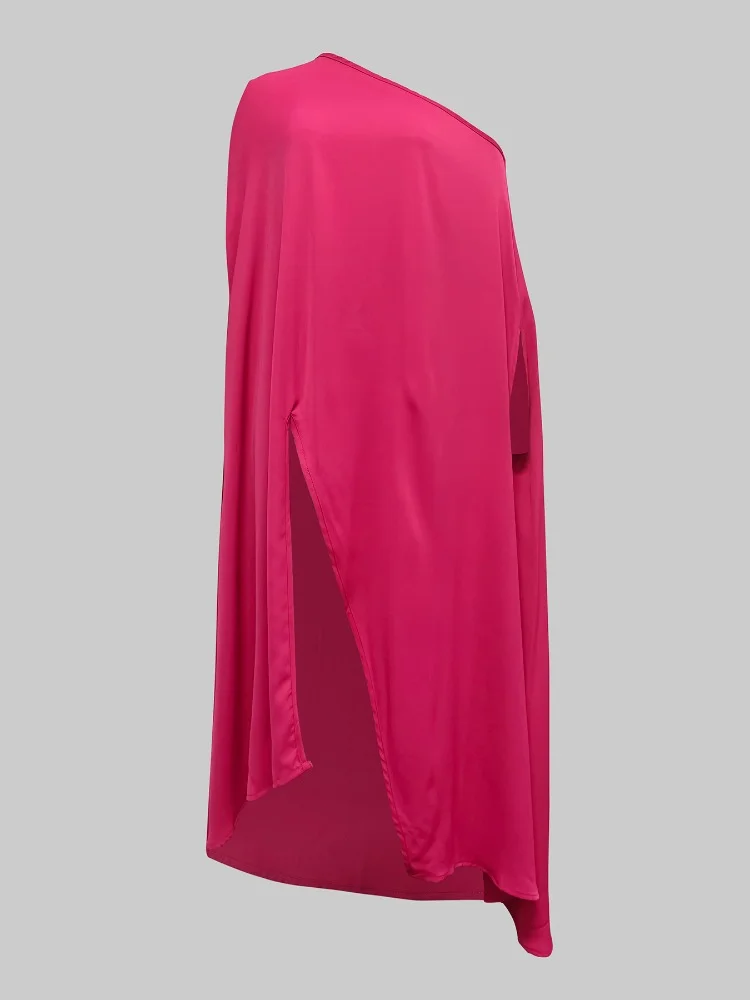 Diagonal Collar One-shoulder X-long T-shirt for Women Solid Color Short Sleeve Splited Loose Shirt Top Elegant Blouse