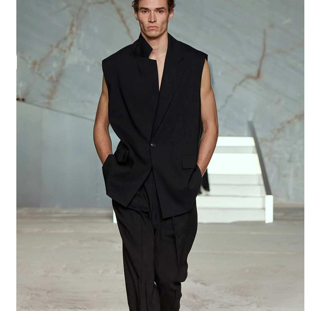

Fashion Black Single-Breasted Notch Lapel Oversized Vest & Pants Men 2 Piece Set Office Casual Party Male Clothing Outfits