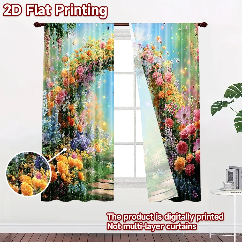 2D flat printing 2pcs Curtain Enchanted Garden Arch Flowers Butterflies Digital Printed Polyester Drapes Family Party for Indoor