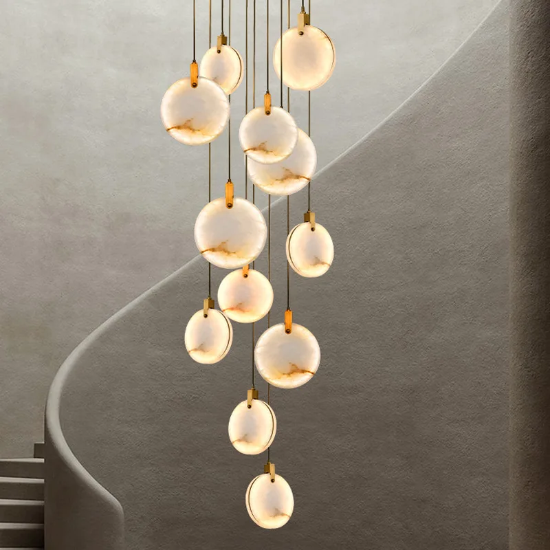 Modern Decorative Lighting Restaurant LED Light Luxury Rotating Staircase Chandelier Marble Duplex Villa Lighting Round Chandeli