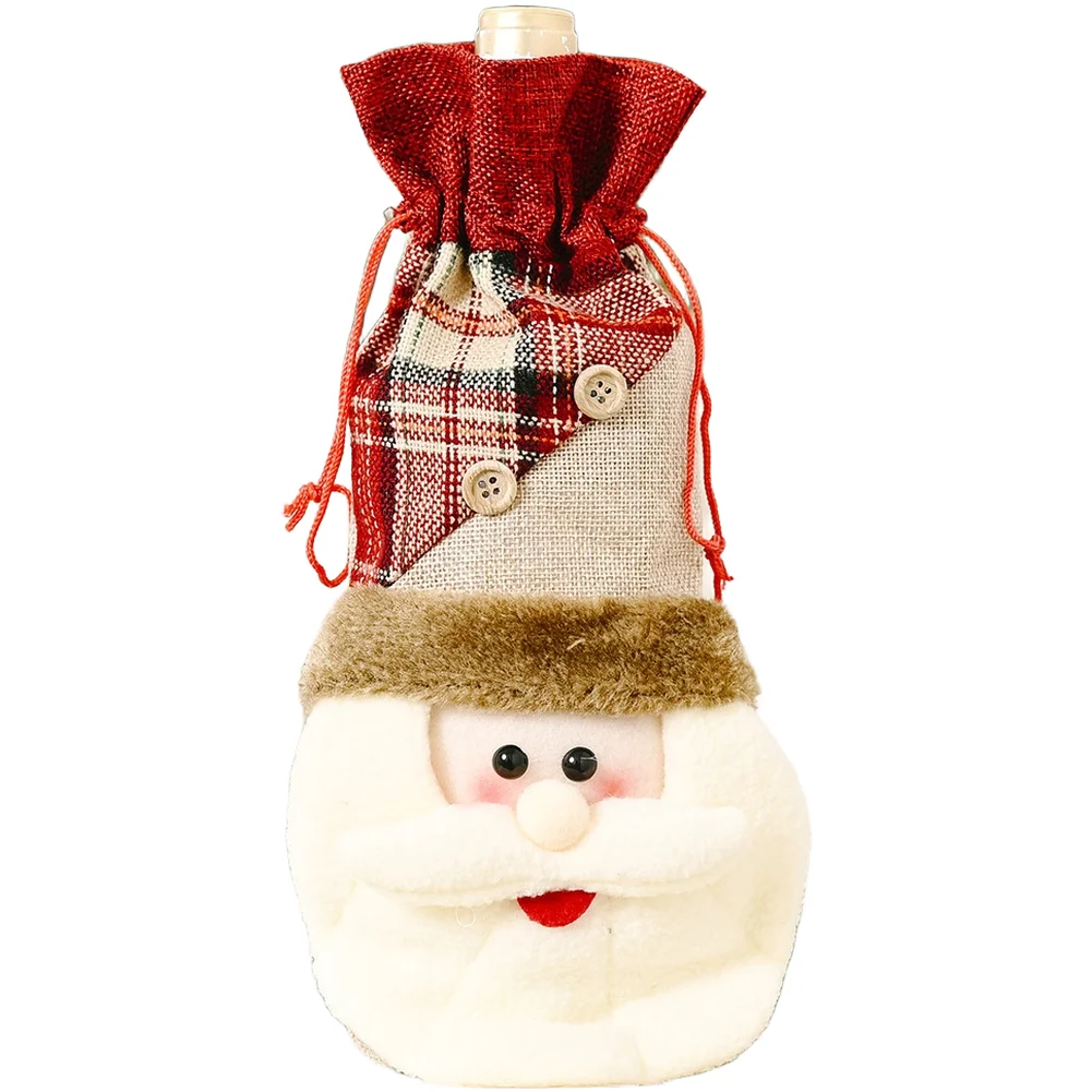 Rustic Linen Wine Bottle Cover Christmas Plaid Design with Santa Snowman Reindeer Print for Seasonal Table Decor