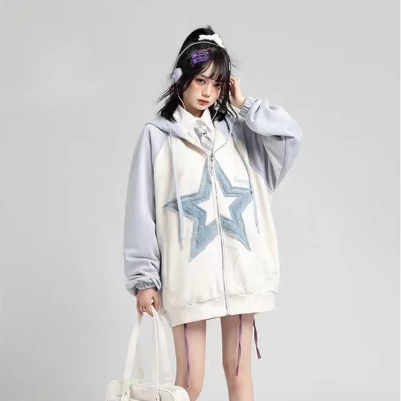 Hip Hop Fashion Star Graphic Sweatshirts Flocking Embroidery Hooded Hoodie Women\'s Autumn Winter Pink Blue Cardigan Sweater Girl