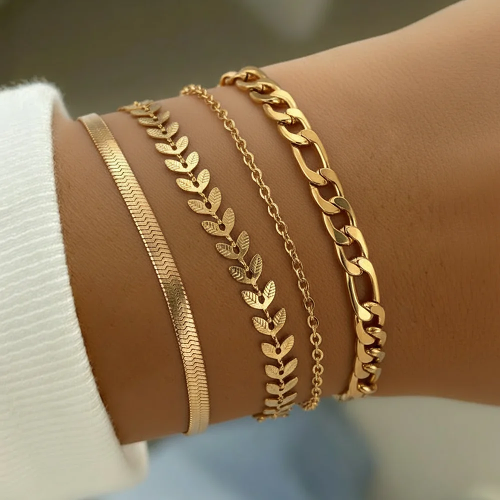 Stainless Steel Flat Snake Chain Punk Chain Minimalist Bracelet Layering Set Women's Fashion Commuter Wrist Jewelry Accessories