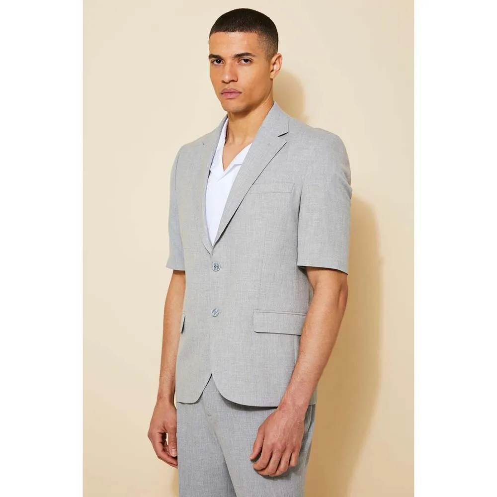 Short Sleeve Grey Suits for Men Single Breasted Notch Lapel Two Button Blazer Slim Fit Formal Business 2 Piece Jacket Shorts Set