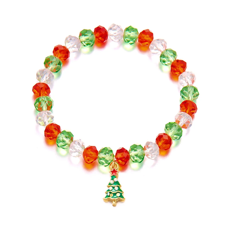 Bonita pulsera navideña con cuentas de cristal para mujer, Papá Noel, árbol de Navidad, colgante de copo de nieve, brazalete de cuentas, joyería para fiesta de Año Nuevo