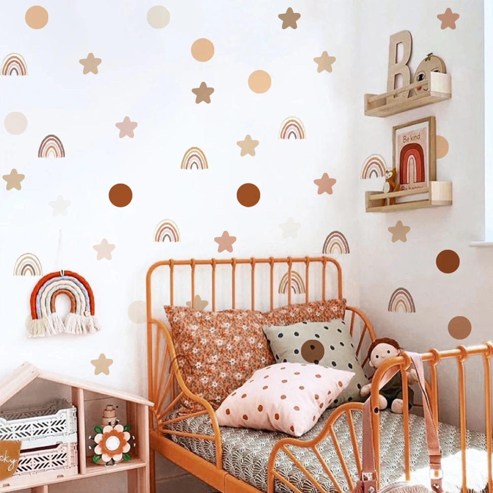 Boho Rainbow Wall Decals Polka Dot Boho Star Nursery Wall Stickers Baby's Room Waterproof Bedroom Kids Home Decor