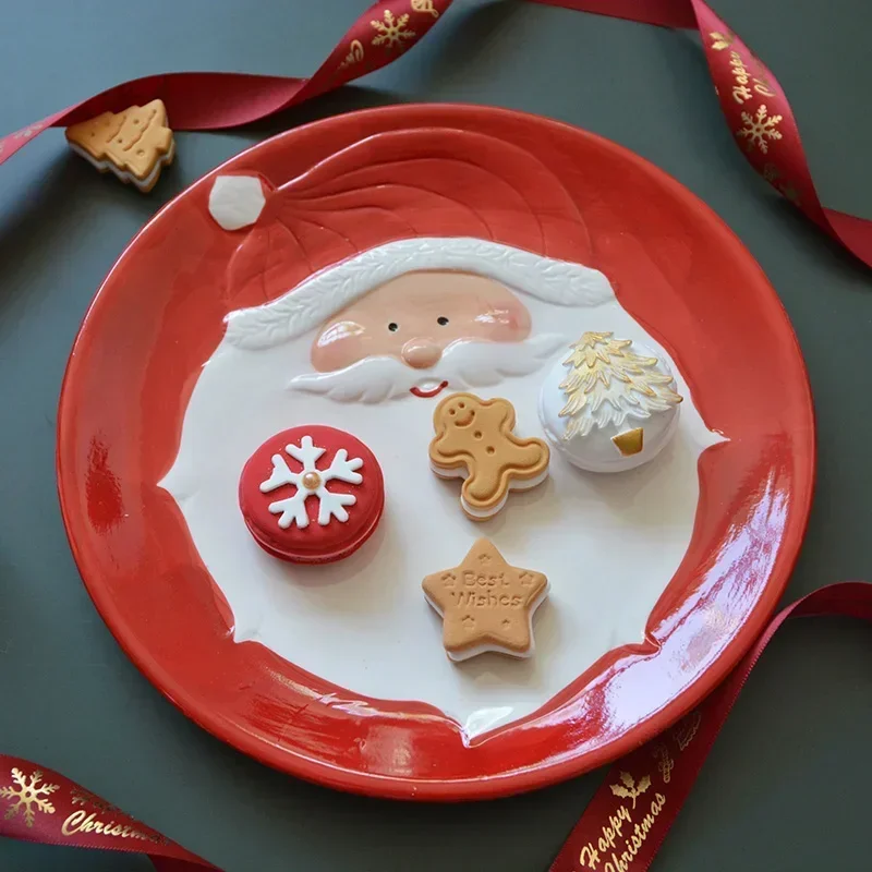 Charming Santa Claus Ceramic Tableware Set HandPainted Earthy Plates with Large Disc for Candies Pastries Christmas Decorative