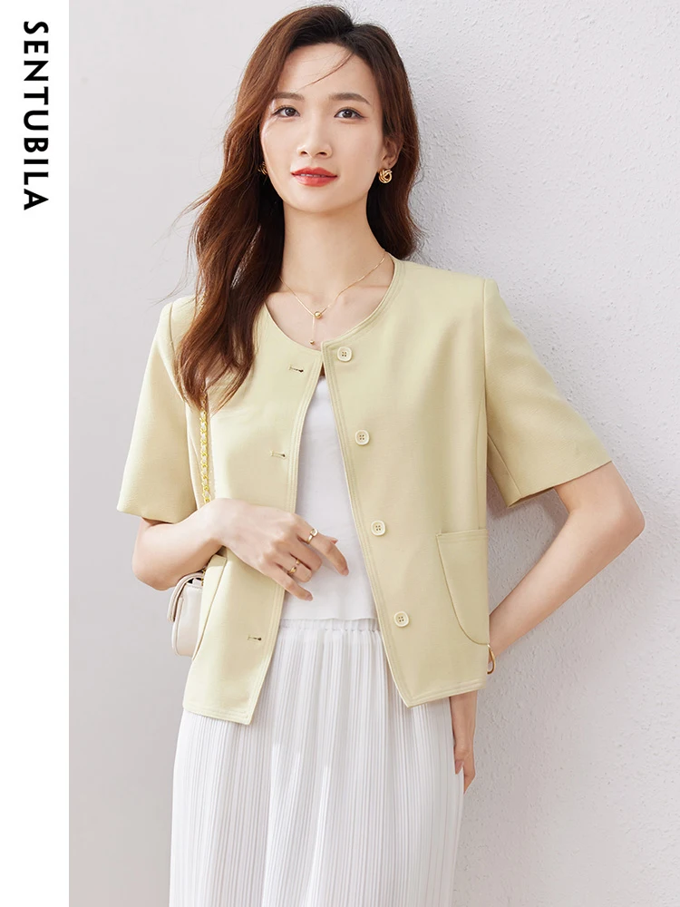 SENTUBILA Summer Elegant Jacket Women 2024 Office Ladies Fashion Round Neck Cropped Single Breasted Cardigan Jackets 132W49671