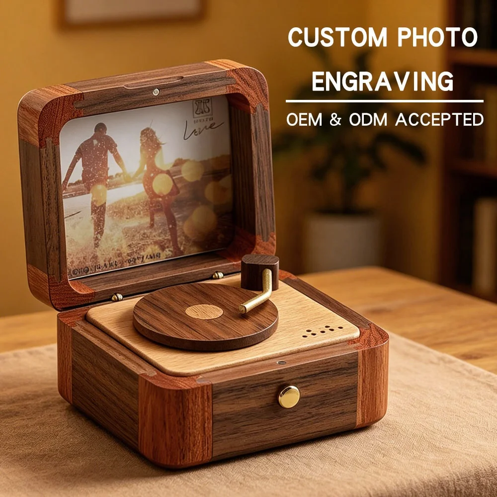 Vintage Solid Wood Gramophone Music Box with Custom Photo Frame,Anniversary Commemoration,Holiday Gifts,Wholesale OEM Available